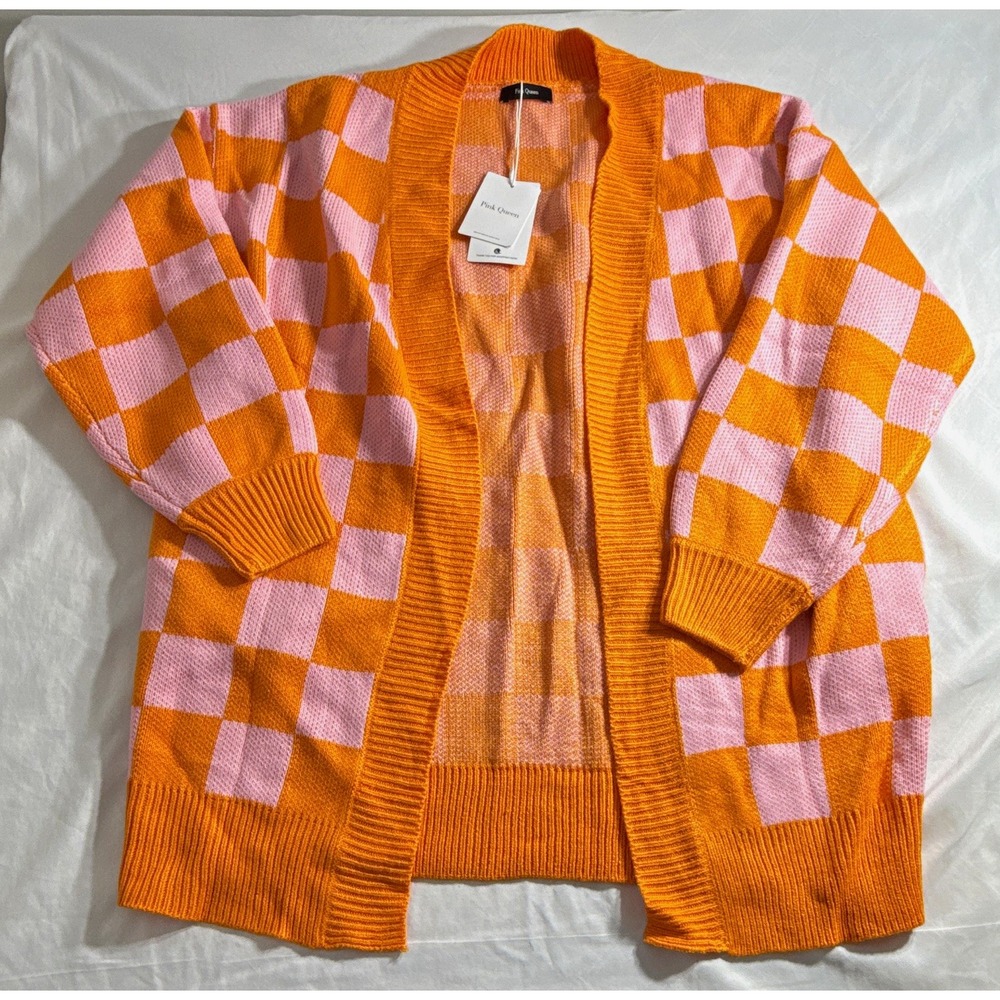 Pink Queen Orange Pink Check Knit V-Neck Open Cardigan Sweater Women Small